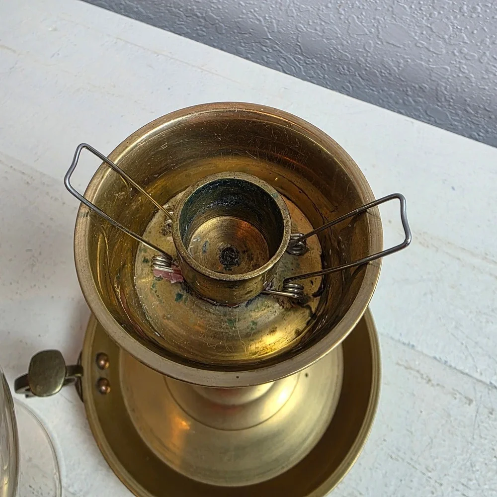 Vintage Brass‎ Chamberstick Candle Holder with Etched Glass Hurricane Chimney